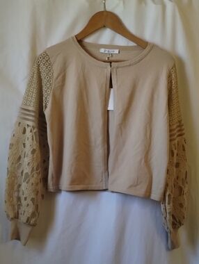 Sioni Tan Crochet-Sleeve Open Cardigan